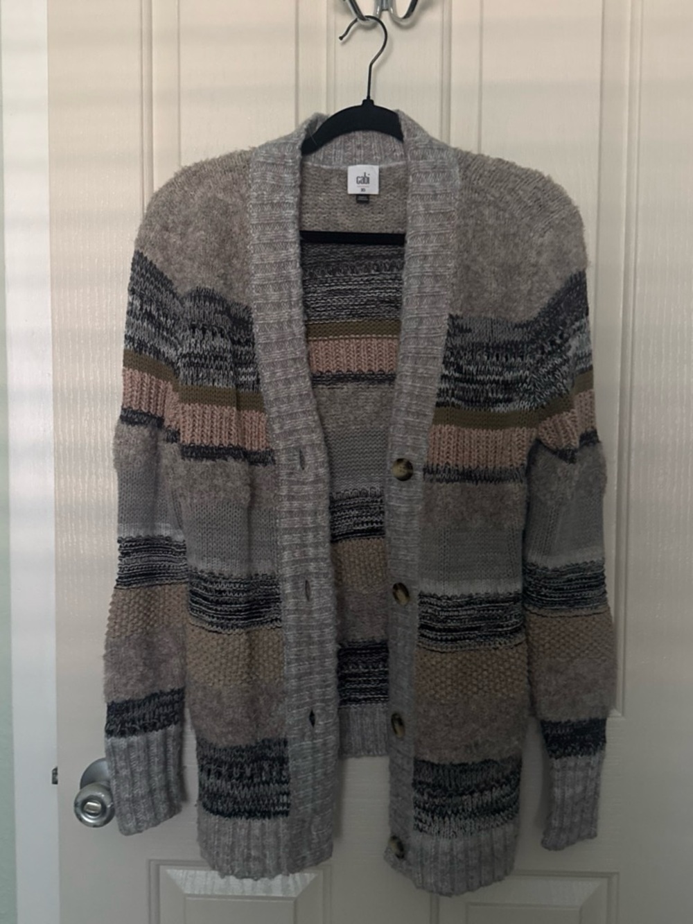 CAbi Men's Gray Striped Cardigan with Pink and Brown Accents